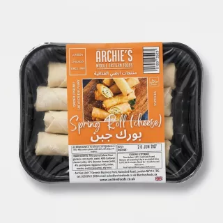 Enhanced Pack of Archie's Middle Eastern Foods Cheese Spring Rolls held in hand, price label visible.