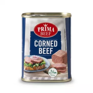 Enhanced Prima Beef Halal Corned Beef tin held in hand with sandwich serving suggestion