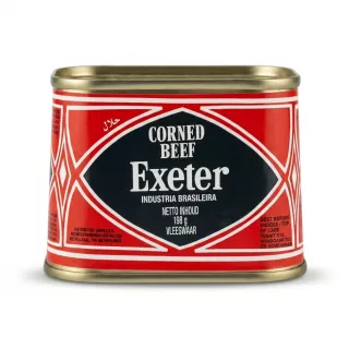A 198g can of Exeter brand Corned Beef, labeled as "INDÚSTRIA BRASILEIRA" and featuring a Halal certification mark. The tin has a red, black, and gold design and is set against a clean, white background for a professional e-commerce product shot.