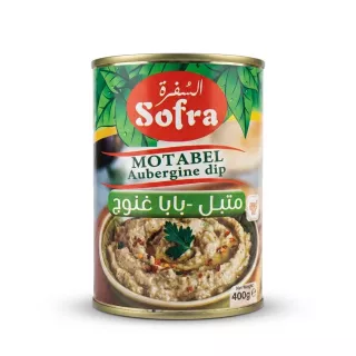 Enhanced Front of Sofra Motabel Aubergine Dip 400g tin with product label and price