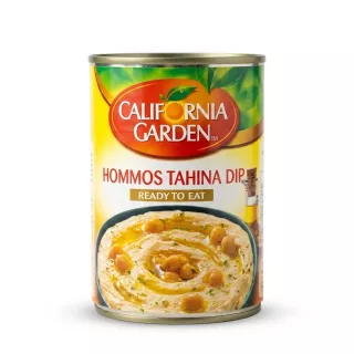 Enhanced Front of California Garden Hommos Tahina Dip can with chickpeas and tahina