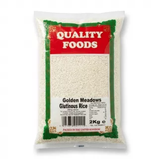 ** A 2kg clear bag of Quality Foods Golden Meadows Glutinous Rice with a prominent red and green label, showing the product inside. All branding and nutritional information are clearly visible in professional studio lighting against a clean white background.