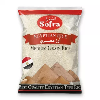 Enhanced Front of Sofra Egyptian Medium Grain Rice bag featuring red and white packaging and product information, including a special offer label.