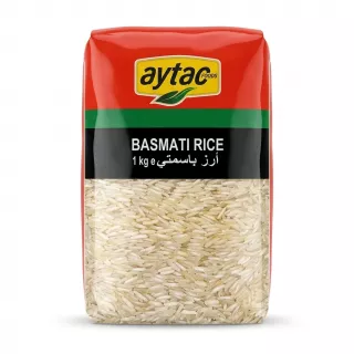 A professional product photo of a 1kg bag of Aytac Basmati Rice, featuring its red, green, and clear packaging with long-grain rice visible, set against a clean white background.