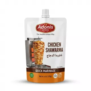 Enhanced Front view of Adonis Spices Chicken Shawarma Quick Marinade 170g pouch with product details and special offer label