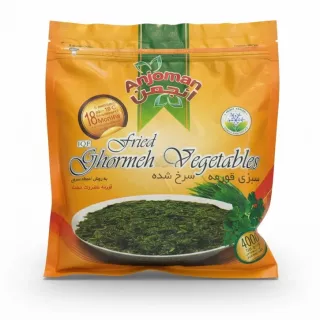 Pack of Anjoman Fried Ghormeh Vegetables front view with product name and image of green herbs