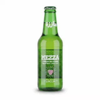 Green glass bottle of Mezza Strawberry Malt Beverage front label showing brand and strawberry graphic