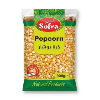 Enhanced Front of Sofra Popcorn Kernels 900g packaging held in a shop aisle