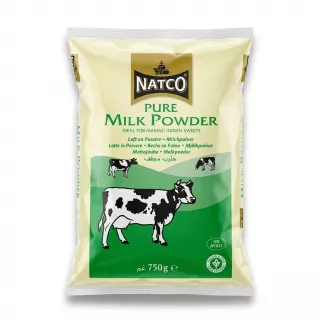 A 750g clear plastic bag containing Natco Pure Milk Powder, with professional branding and cow graphics, presented against a clean white background.
