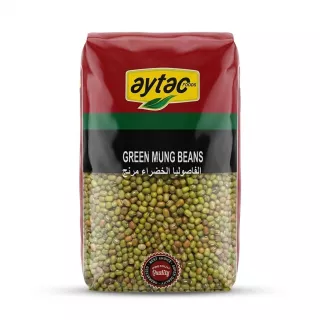 Enhanced Front view of Aytac Green Mung Beans 1kg pack held in hand