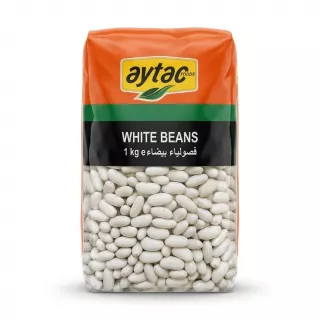 A clear and orange 1kg family pack of Aytac White Beans (Cannellini), presented on a clean white background with a soft, even shadow. The packaging features the Aytac logo and bilingual text. PRODUCT TITLE: Aytac White Beans Family Pack (1kg)