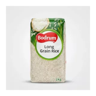 Enhanced Front of Bodrum Long Grain Rice 1kg pack showing logo and rice grains
