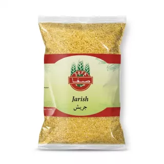 A 1:1 professional e-commerce product photograph features a clear plastic bag of Safa Jarish Cracked Wheat (800g), centered against a pure white background. The packaging is free of any tags or stickers, showing the central logo and text in perfect focus with soft, even studio lighting.