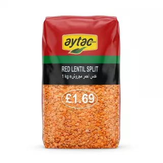 Enhanced Front of Aytac Red Lentil Split 1kg pack with price label