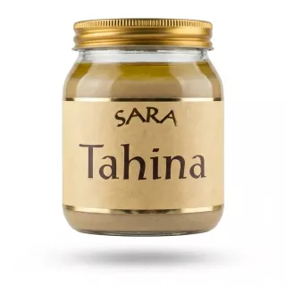A 340g glass jar of SARA Tahina sesame paste with a golden lid and parchment label, presented in a centered e-commerce shot with a soft shadow.