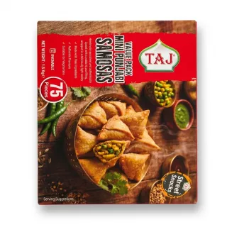 Enhanced Front of TAJ Mini Punjabi Samosas Value Pack box showing 75 pieces.