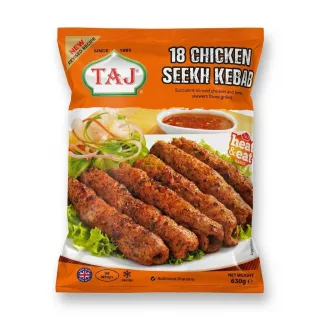Enhanced Front of TAJ 18 Chicken Seekh Kebab packaging showing grilled kebabs and product details