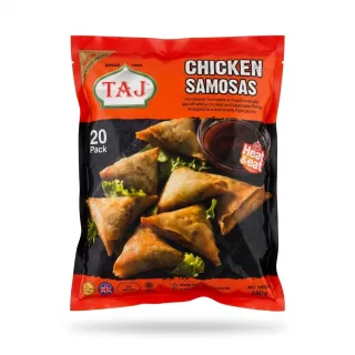 Enhanced Front view of TAJ Chicken Samosas 20 Pack frozen food packaging with samosas image