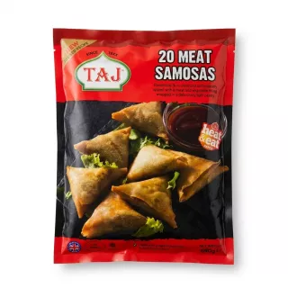 Enhanced Front of TAJ 20 Meat Samosas frozen pack showing samosas and dipping sauce