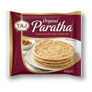 A professional e-commerce product photo showing the 400g front packaging of TAJ Original Paratha Frozen South Asian Flatbread against a clean white background.
