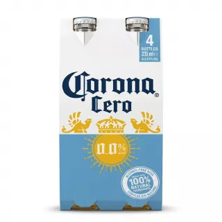 Enhanced Corona Cero Alcohol-Free Beer front packaging with 4 bottles
