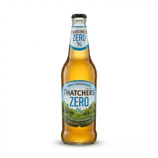 Enhanced Front of Thatchers Zero Somerset Cider 500ml bottle held in hand