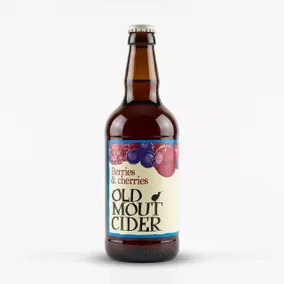 Enhanced Front of Old Mout Cider Alcohol Free Berries & Cherries 500ml bottle held in hand
