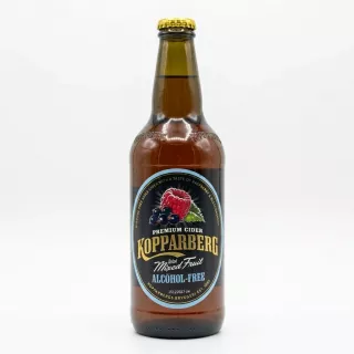 Enhanced Front of Kopparberg Mixed Fruit Alcohol-Free Cider 500ml bottle held in hand
