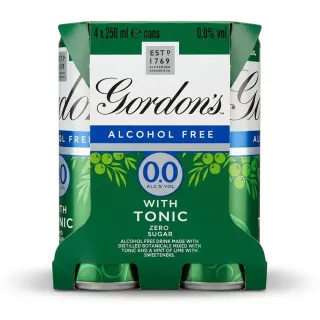 A 4-pack of Gordon's Alcohol Free with Tonic 0.0% Vol 250ml cans, showing the green and white cardboard packaging, presented in a clean 1:1 format.