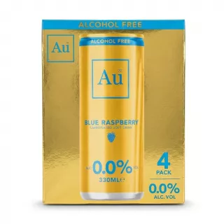 Enhanced Front box view of Au Blue Raspberry Alcohol Free 4 Pack, gold and blue design