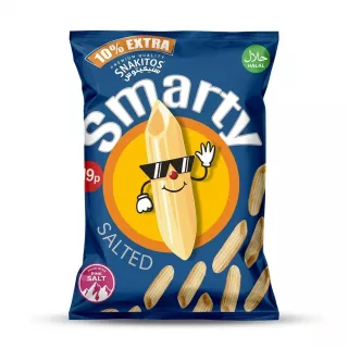 A 1:1 professional e-commerce product photograph features a centered pack of FM Foods Snakitos Smarty Salted Snacks. The dark blue bag, with its penne-shaped mascot wearing sunglasses on a yellow and orange background, is in sharp focus, showing the "SNAKITOS" and "smarty" logos, the "HALAL" logo, the "10% EXTRA" and "MADE WITH PINK SALT" badges, all free from imperfections and against a clean white background with a soft, even shadow.