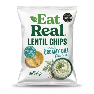 A 1:1 square e-commerce photo of the front packaging of Eat Real Lentil Chips, in smooth creamy dill flavour. The white bag features the green 'Eat Real' logo, detailed text, and a vibrant illustration of the creamy dill dip with a lentil chip. It is centered on a clean white background with a subtle, even soft shadow. {image}