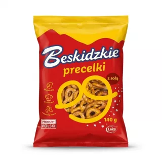 A 1:1 professional e-commerce product photograph featuring a centered, single bag of Beskidzkie Salted Pretzels. The 140g red and yellow bag is presented front-on against a seamless, pure white background, with all original text and graphics preserved but free of price tags and other distractions. Soft, symmetrical studio lighting and a subtle, balanced shadow define the product's form.