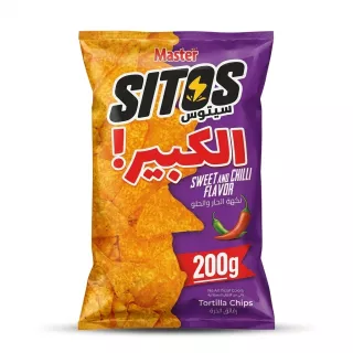 Enhanced Front view of Master Chips Sweet and Chilli Flavour Tortilla Chips 200g bag