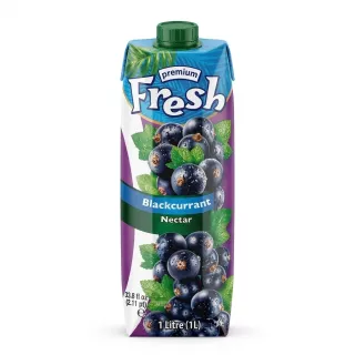 A 1-liter carton of Fresh Blackcurrant Nectar, featuring a green cap and artwork of fresh blackcurrants and mint leaves on a white background with professional studio lighting.