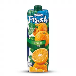 A 1-liter carton of Fresh 100% Orange Juice with Pulp, featuring realistic illustrations of oranges on a blue and green label, isolated on a white background.