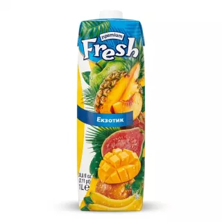 Enhanced Back of Fresh Premium Exotic Juice 1L carton with fruit imagery and foreign text