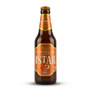 Enhanced Front view of Istak Peach Non-Alcoholic Malt Beverage 320ml bottle with orange label