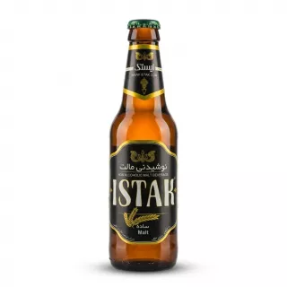 Enhanced Front view of Istak Non Alcoholic Malt Beverage bottle held in a shop aisle