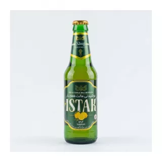 Enhanced Front view of Istak Lemon Non-Alcoholic Malt Beverage 320ml in a green glass bottle