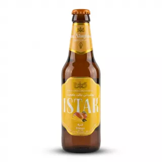 Enhanced Front view of Istak Mango non alcoholic malt drink bottle in hand