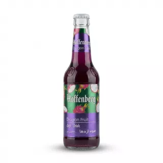 A 330ml glass bottle of Hoffenberg Dragon Fruit Soft Drink, featuring its distinct purple and green label with dragon fruit illustrations, isolated on a white background.