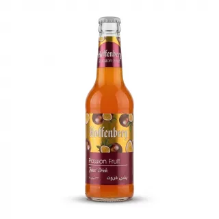 A 330ml glass bottle of Hoffenberg Passion Fruit Juice Drink is centered on a clean white background. The bottle, filled with orange liquid, has a main golden and purple label featuring passion fruit graphics and a neck label.