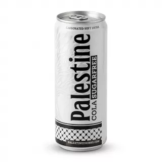 A 330ml can of Palestine Cola Sugarfree. It has a white, textured design and black branding, standing centered in a 1:1 professional e-commerce shot with a soft, natural shadow on both sides.
