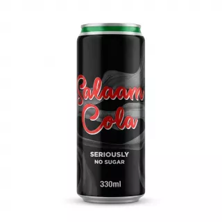 Enhanced Front view of Salaam Cola Seriously No Sugar 330ml can held in hand at store