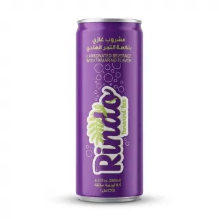 Enhanced Front of Rinda Tamarind Fizz 250ml can held in a shop