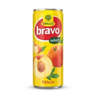 Enhanced Front of Rauch Bravo Select Peach Nectar 250ml can with peach graphics