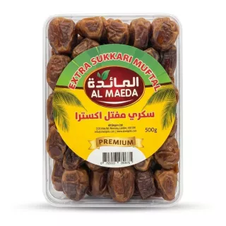 Enhanced Front view of Al Maeda Extra Sukkari Muftal Dates 500g pack with clear plastic packaging