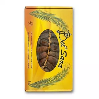 Enhanced Enhanced Front of Del'Sara Deglet Nour Dates 1kg box with visible dates and offer price