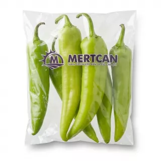 Enhanced Front of Mertcan Charleston green peppers in clear packaging